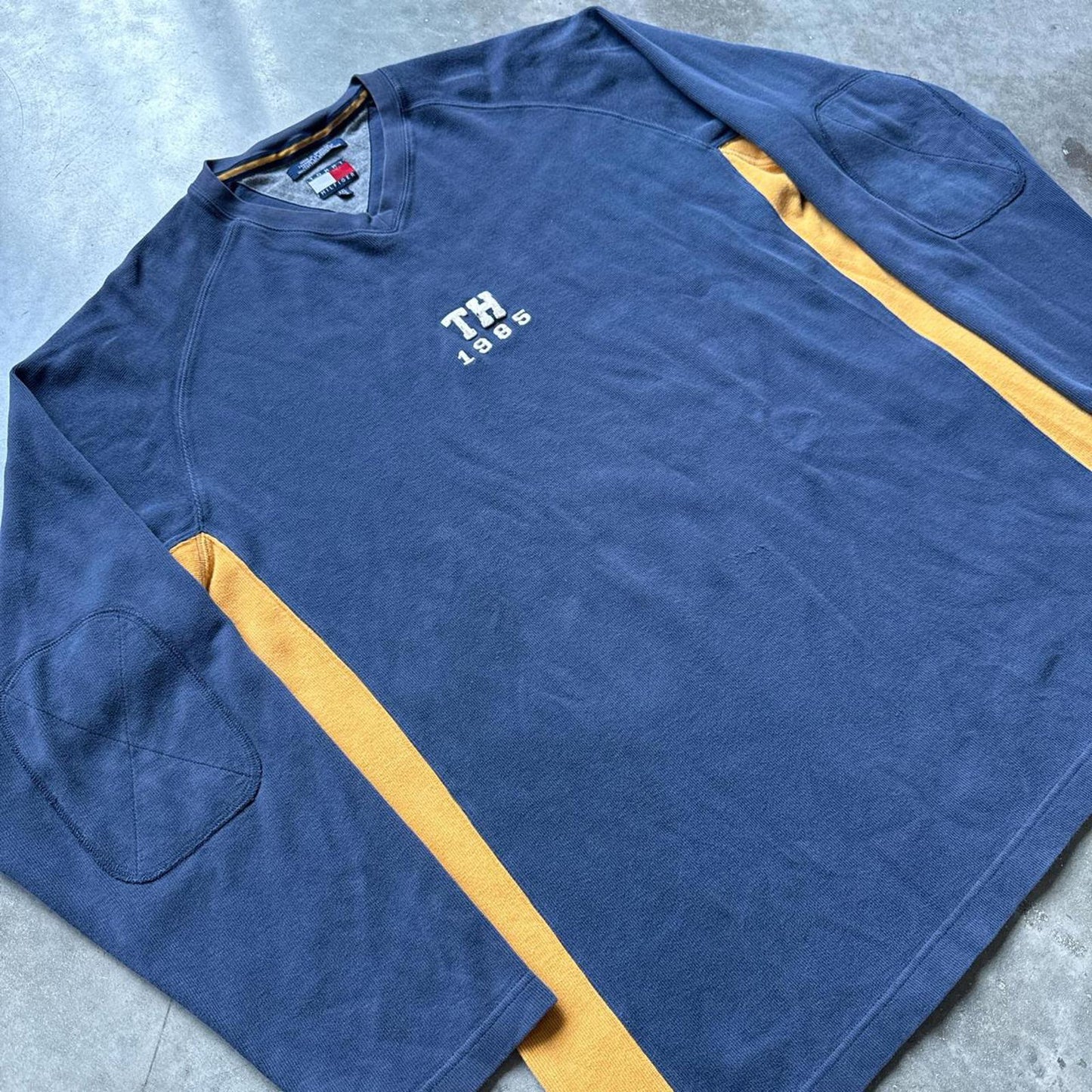 Tommy Hilfiger Blue Navy & Orange Vintage Crewneck With Patches On Elbows [COPY]